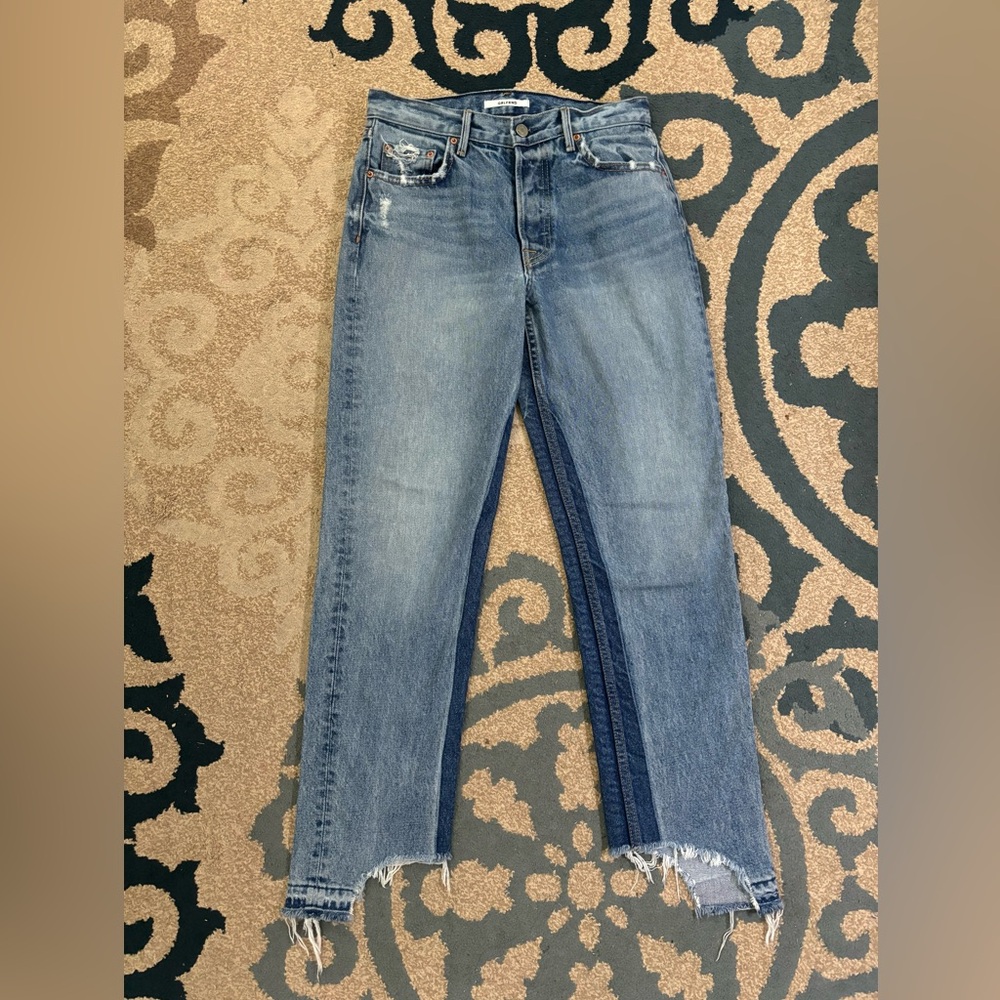 GRLFRND WOMEN'S BLUE TWO TONE COTTON STRAIGHT-LEG HELENA JEANS Size 26